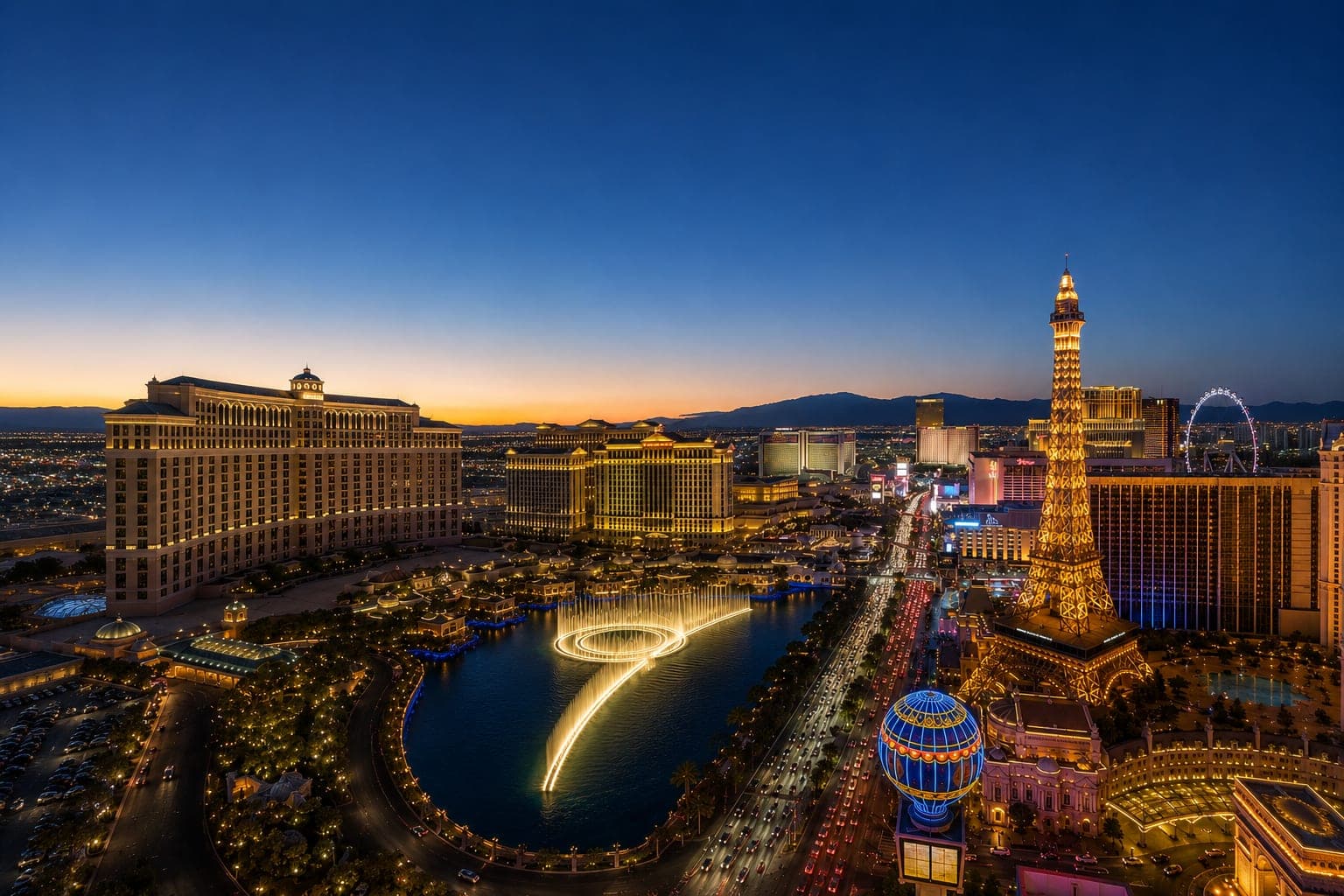 The Las Vegas Strip at dusk: the Bellagio fountains and the Paris tower